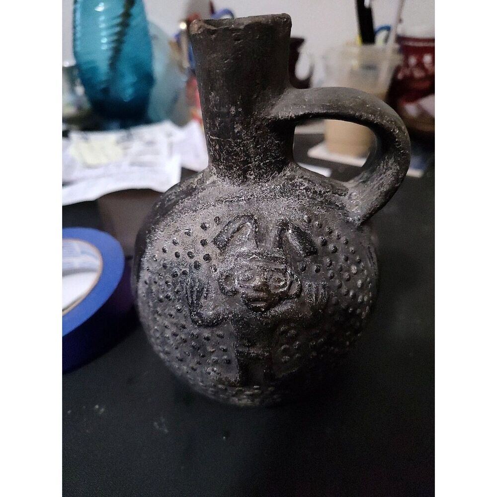 Chimu Style Blackware Pottery Vessel with Figural Relief